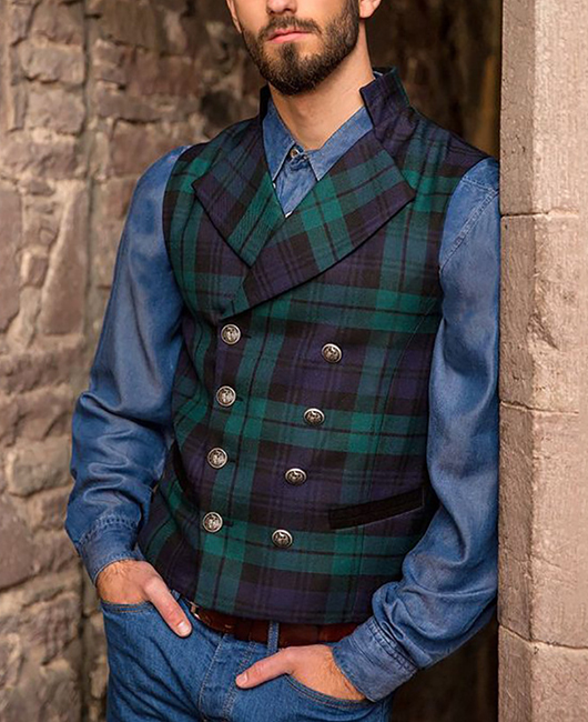 Casual Plaid Print Lapel Collar Double Breasted Blazer Vest
